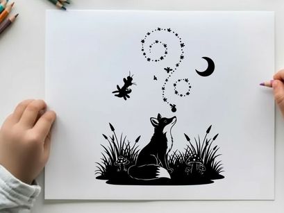 Whimsical silhouette of a fox under starry night sky