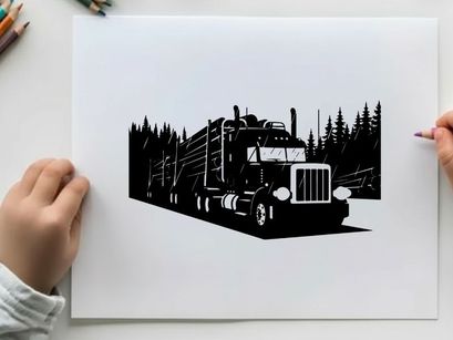 Logging truck silhouette driving on forest road with tree logs