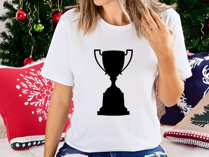 A black silhouette of a classic trophy cup on a white background