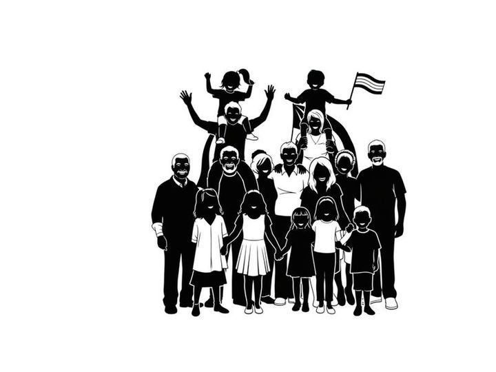 Diverse group of people in silhouette with children on shoulders waving a flag