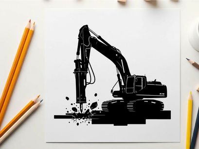 Silhouette of excavator breaking ground with jackhammer attachment