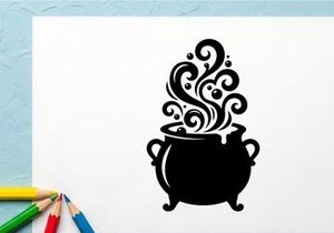 Silhouette panci berasap dengan uap berputar untuk tema Halloween atau sihir