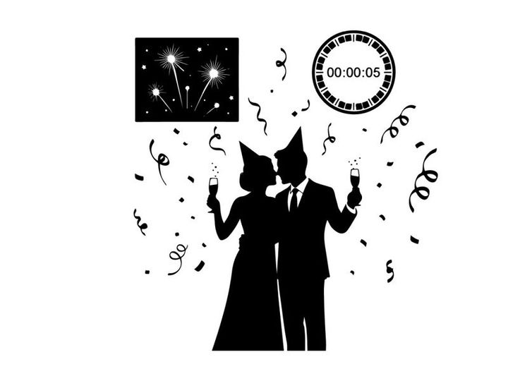 New year's eve celebration silhouette with fireworks and music notes