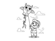 Child flying owl kite outdoor fun vector illustration