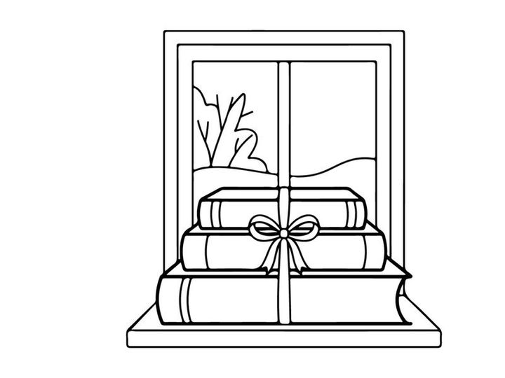 Christmas books gift stack on window sill, winter holiday coloring page illustration.