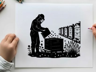 Beekeeper in silhouette inspecting a beehive on a sunny day with silhouette