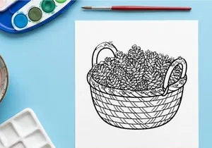 Hand drawn illustration of a basket filled with pine cones