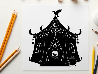 Silhouette of a mystical circus tent under moonlight and stars with a bird