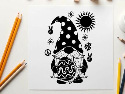 Black and white silhouette of a peaceful gnome with sun