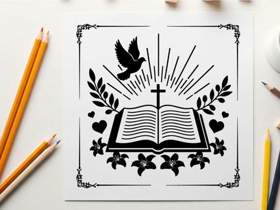 Silhouette of bible cross dove leaves hearts silhouette