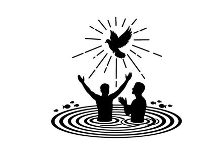 Silhouette of two people in water with a bird silhouette