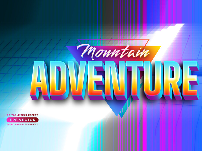 Mountain Adventure editable text effect style with retro vibrant theme realistic neon light concept for trendy flyer, poster and banner template promotion