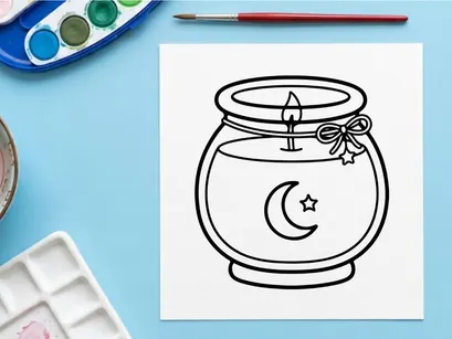 Cute candle line art drawing. Black and white illustration of a moon jar candle.