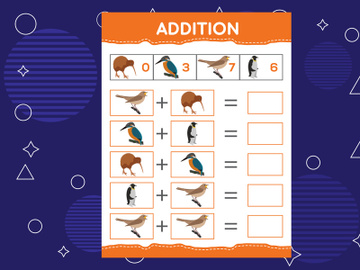Addition with different birds for kids. An educational worksheet for kids. Vector design preview picture