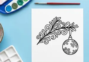 Christmas bauble hanging on a decorative pine branch line art illustration