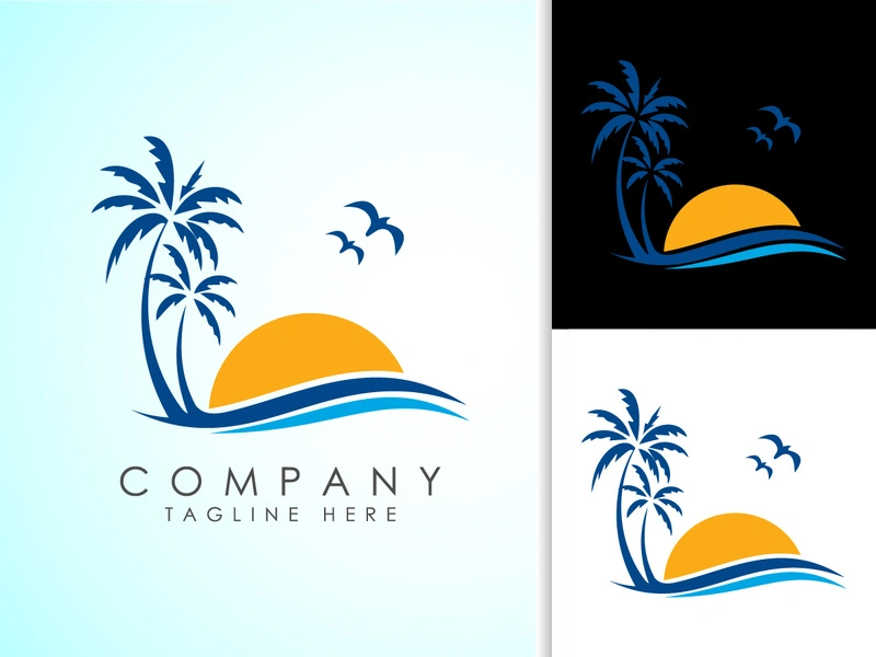 Beach logo design. Sun sunset sunrise with beach ocean sea water logo icon.