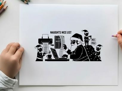 Santa claus checking naughty or nice list on computer silhouette