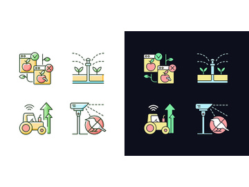 Automated systems in agriculture light and dark theme RGB color icons set preview picture