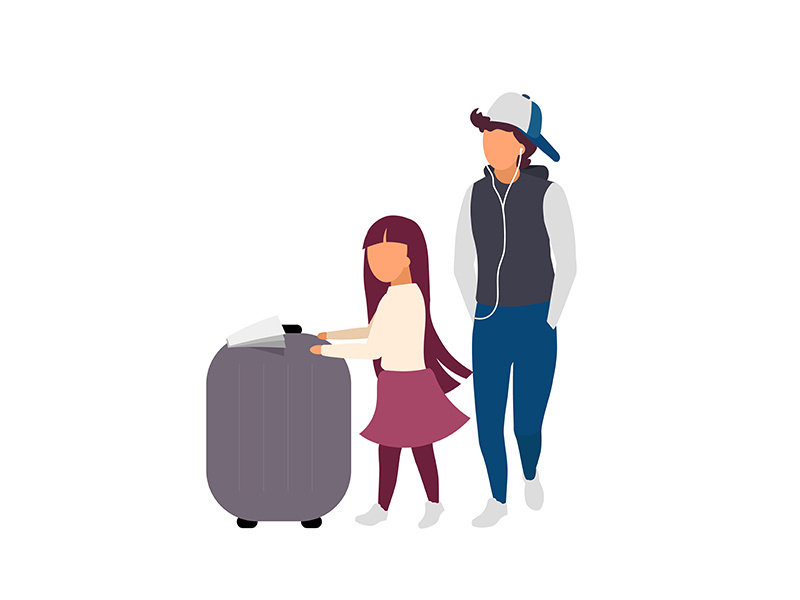 Little girl and teenager with luggage flat color vector faceless characters