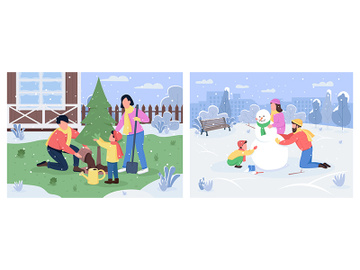 Family winter activity semi flat vector illustration set preview picture