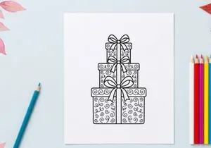 Stack of Christmas gift boxes with bows, black and white line art illustration.