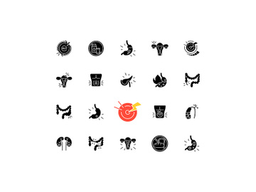 Stomach pain black glyph icons set on white space preview picture
