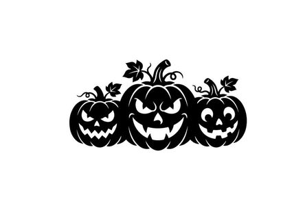 Silhouettes of three carved Halloween pumpkins with vines and leaves