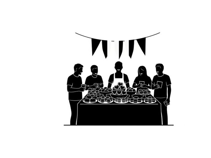 Silhouette of people at a buffet table with bunting