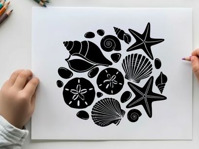 Silhouette of assorted seashells and starfish on white background