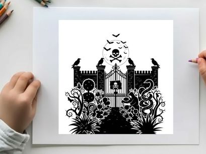 Silhouette of a haunted gate with skull and crossbones