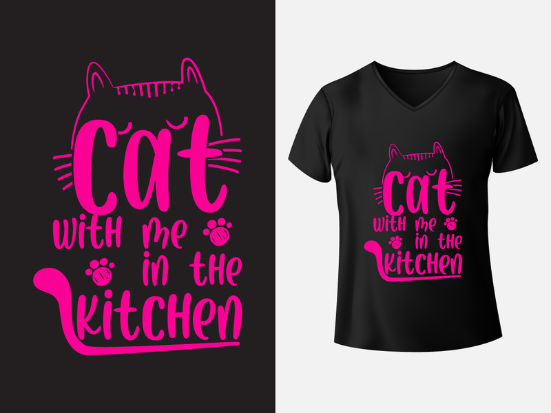 Cat with me in the kitchen. Vector trendy cat t shirt design.