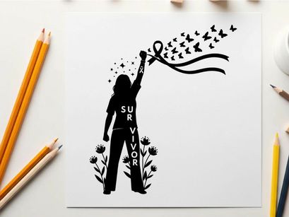 Silhouette of survivor releasing birds with ribbon symbolizing hope and freedom