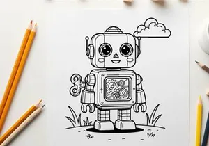 Cute robot thinking in nature flat design vector illustration