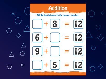 Basic math addition for kids. Fill the blank box with the correct number. Worksheet for kids