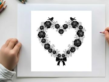 Silhouette heart shaped wreath with roses and birds preview picture