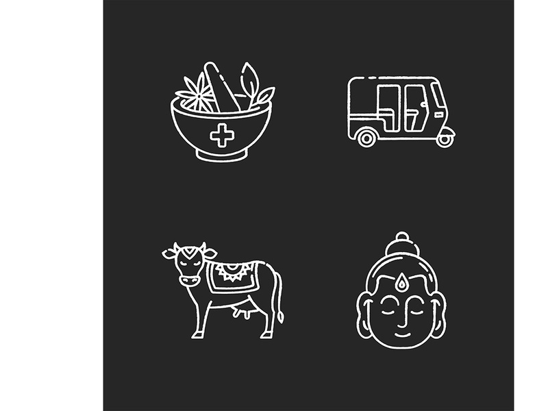 Indian culture chalk white icons set on black background