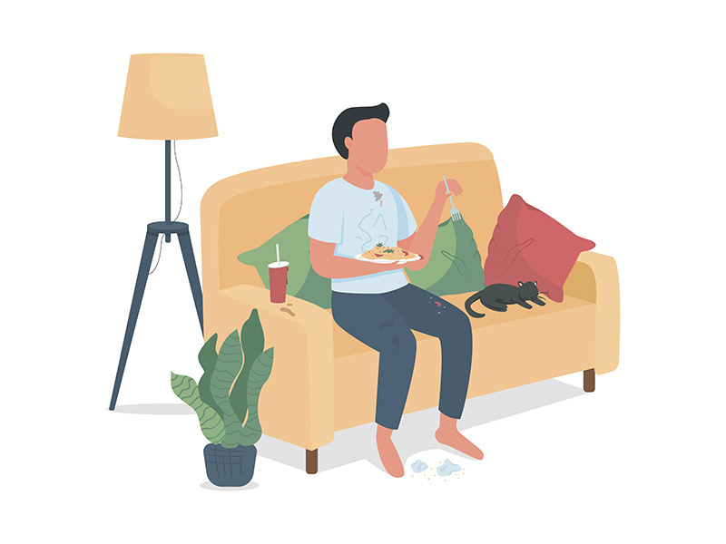 Messy man eating on couch semi flat color vector character