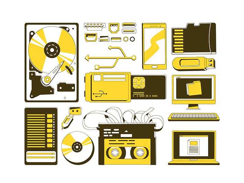 Data storage devices yellow linear objects set