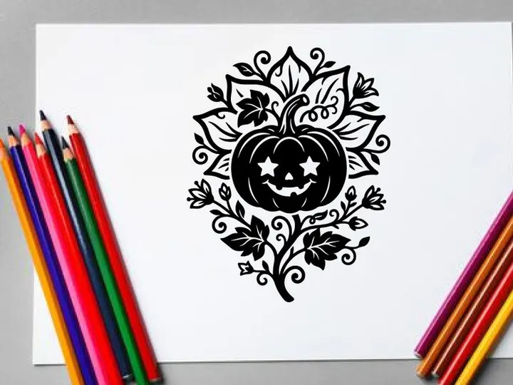 Halloween Pumpkin Jack-o'-Lantern with Spooky Face and Decorative Leaves
