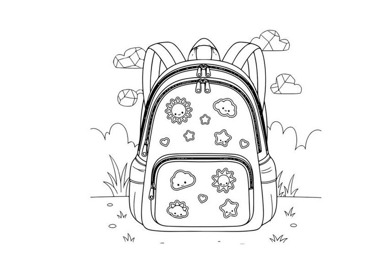 Cute school backpack with smiling sun and stars vector illustration