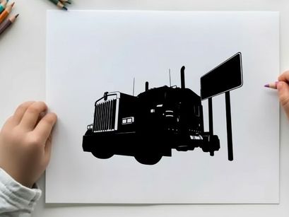 Silhouette of a semi truck beside a billboard on a white background