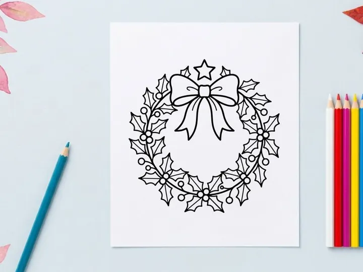Ilustrasi seni garis karangan bunga Natal dengan daun holly, buah beri, dan pita dekoratif.