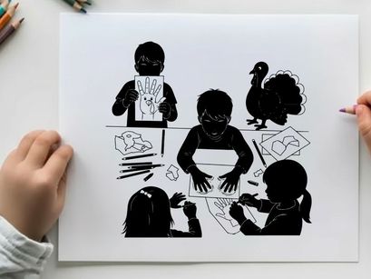 Children's art activity with silhouette of kids and a turkey