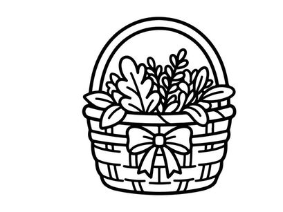 Wicker basket with autumn leaves. Decorative harvest container with a festive bow.