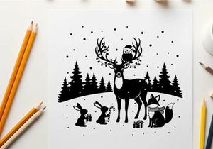Winter wonderland scene with silhouette of reindeer and friends