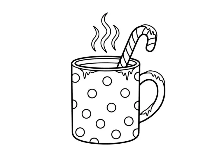 Steaming hot coffee in polka dot mug with candy cane stirrer for festive Christmas morning