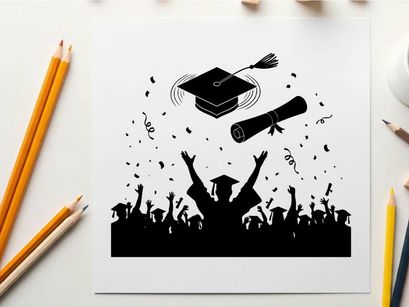 Graduation celebration silhouette with cap diploma and confetti