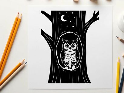 Owl silhouette in tree hollow under starry night sky silhouette