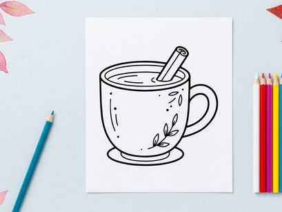 Hand drawn line art illustration of a mug with a cinnamon stick