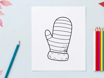 Hand-drawn Christmas mitten with snowflake pattern and fluffy cuff for festive holiday decor